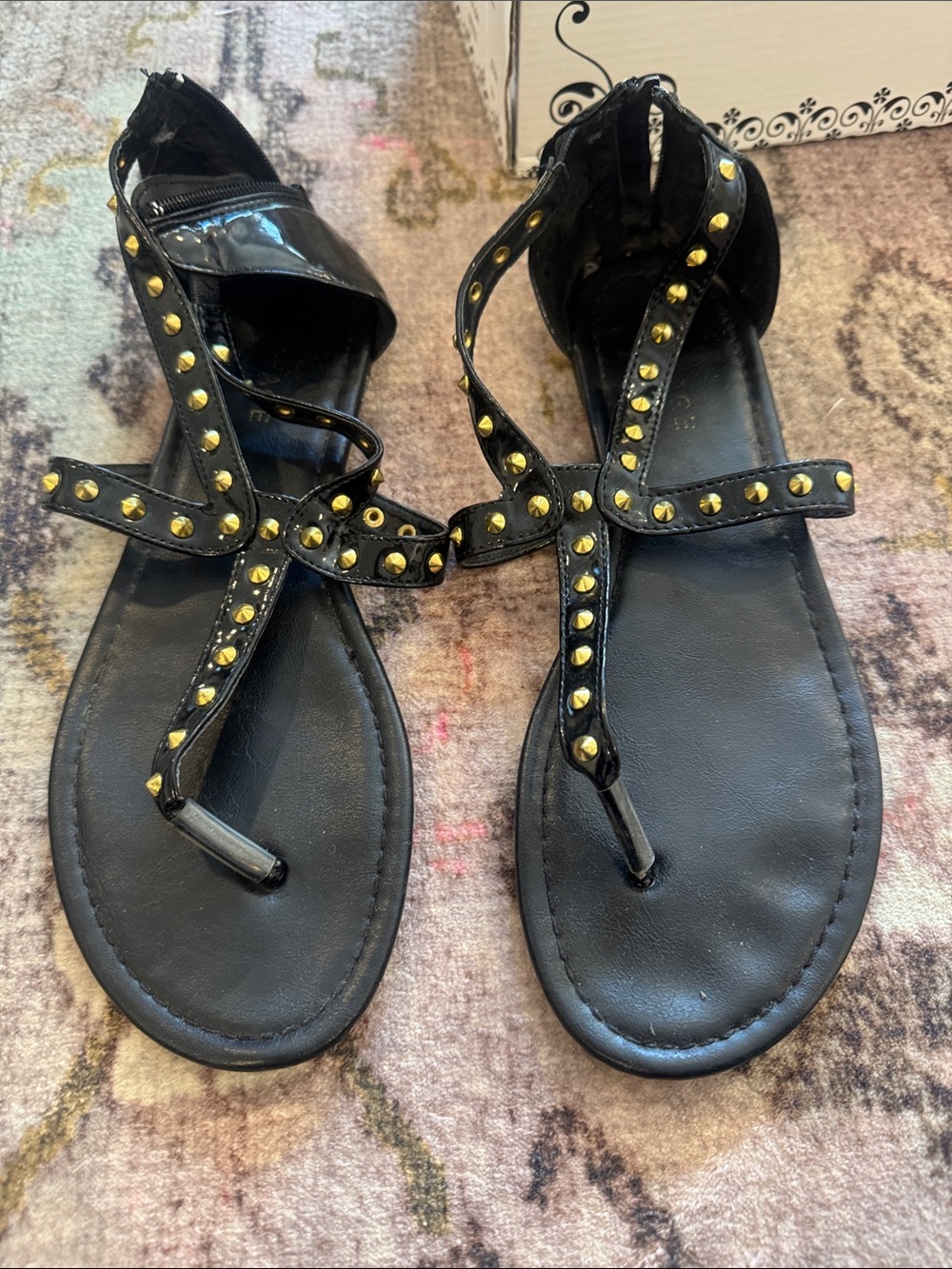 Rampage Black Studded T-Strap Sandals with Gold Accents